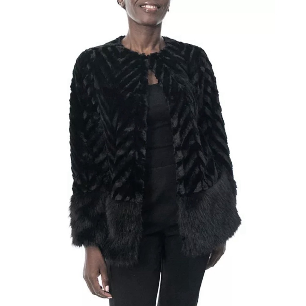 Nina Leonard Long Sleeve Faux Fur Chevron Bolero Jacket Black Swing Size 3X - Picture 2 of 12
